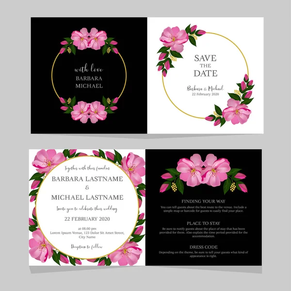 Conjunto Casamento Convidar Cartões Com Rosas Ilustração Vetorial — Vetor de Stock