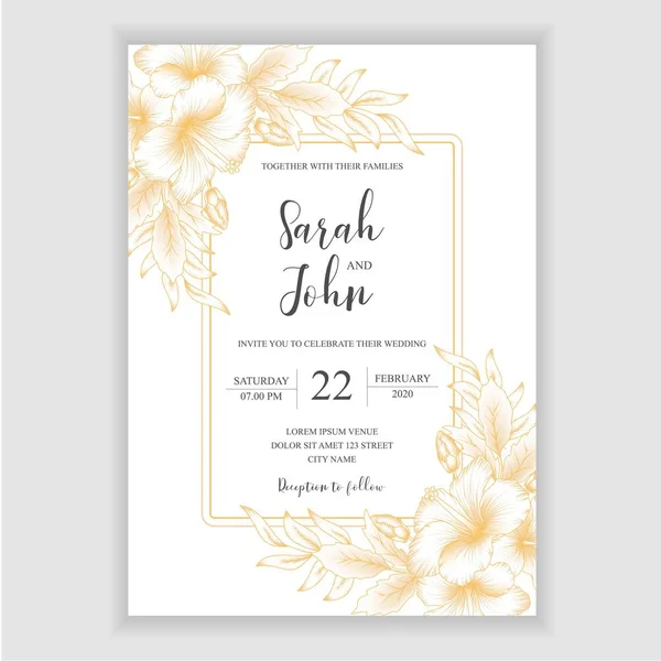 Carte Mariage Élégante Avec Fleurs Hibiscus Dorées Sur Fond Blanc — Image vectorielle