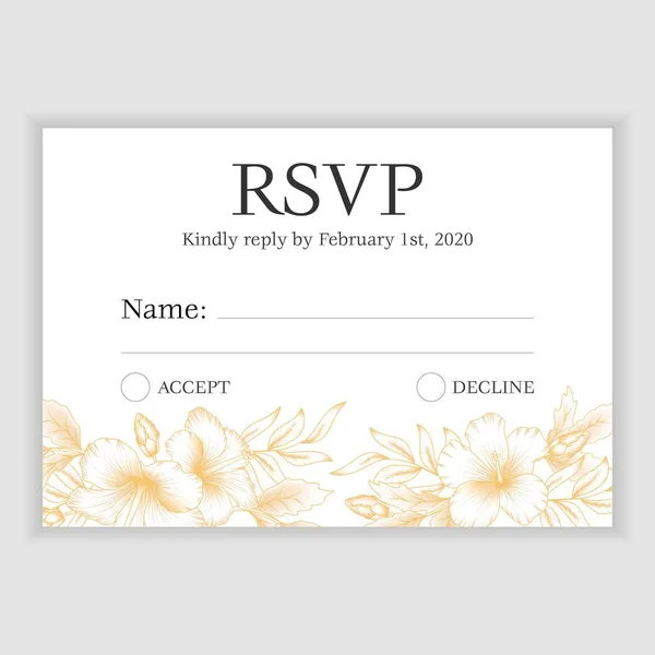 Elegant Wedding Card Golden Hibiscus Flowers White Background — Stock Vector