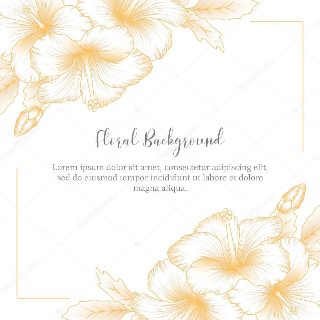 Floral frame with golden hibiscus flowers on white background