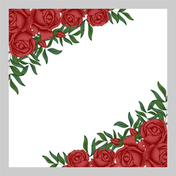Квіткова Рамка Червоними Трояндами Білому Тлі — стоковий вектор