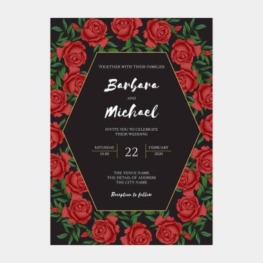 Siyah arka plan üzerinde çiçek açan kırmızı güller ile Yaratıcı düğün kartı 