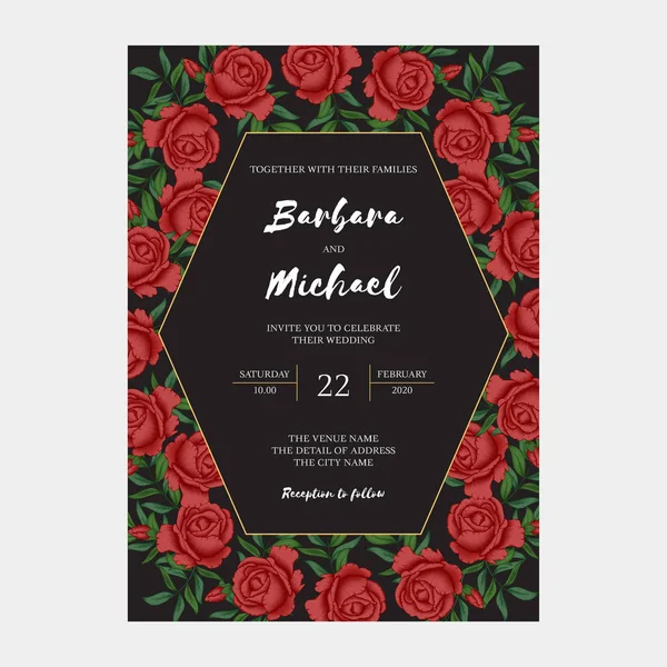 Carte Mariage Créative Avec Fleurs Roses Rouges Sur Fond Noir — Image vectorielle