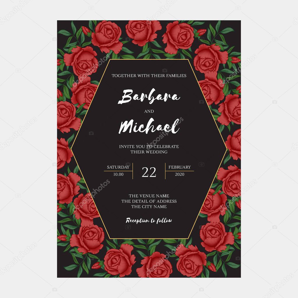 Creative wedding card with blooming red roses on black background 