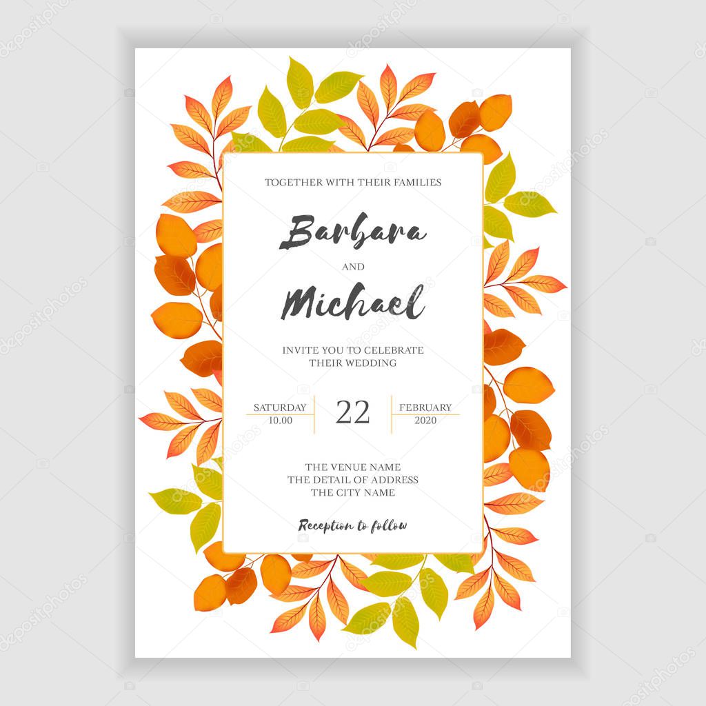 Creative wedding invitation card with autumn leaves on white background 