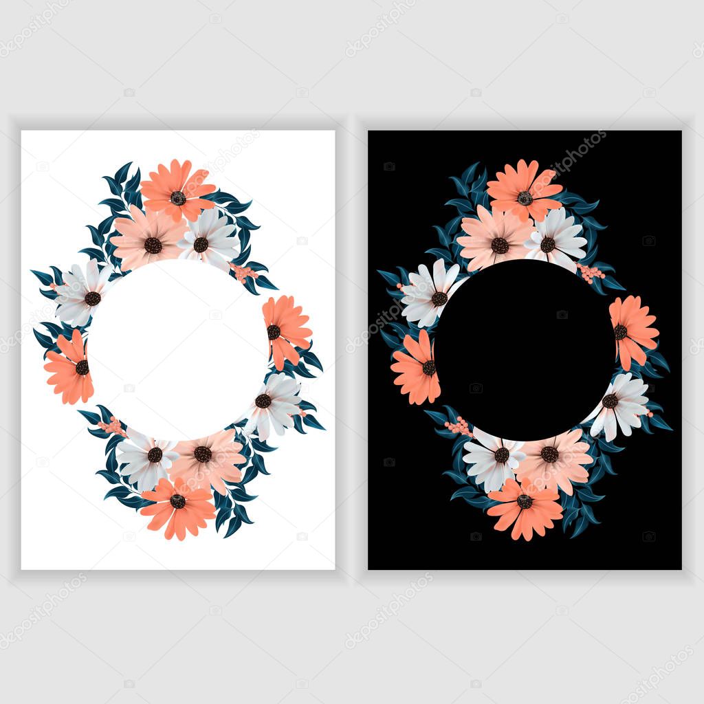 set of floral frames with pastel flowers on white and black backgrounds 