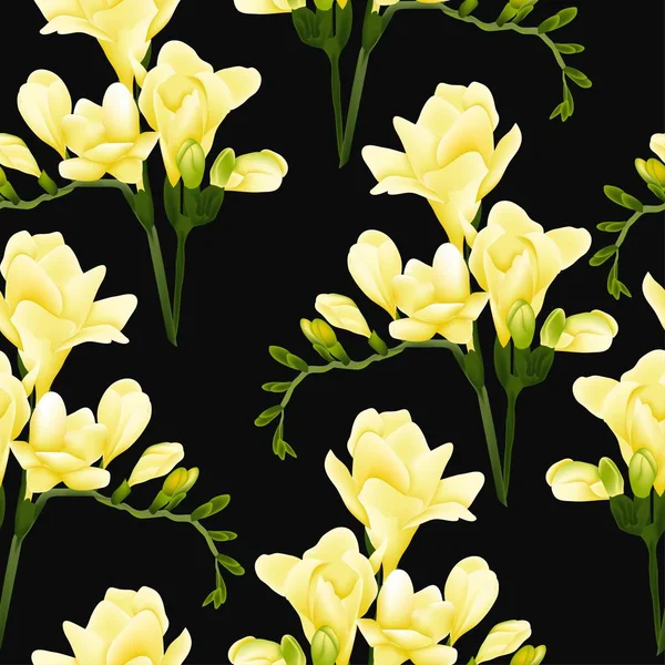 カラフルなベクトルイラストカラフルなフリージアの花のパターンは 黒い背景に — ストックベクタ