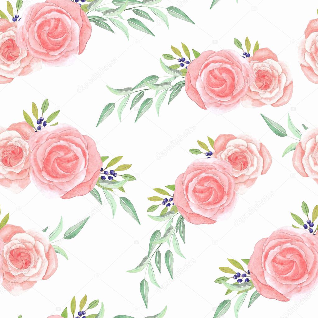 Modern floral pattern for fabric design and beautiful background. Pink watercolor roses with green leaves