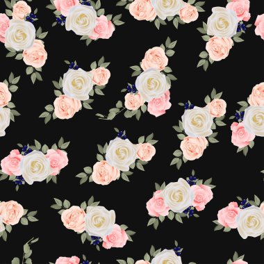 Kusursuz desenli, siyah arka planda yumuşak güller