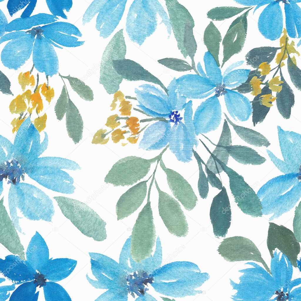 Watercolor blue floral petal seamless pattern