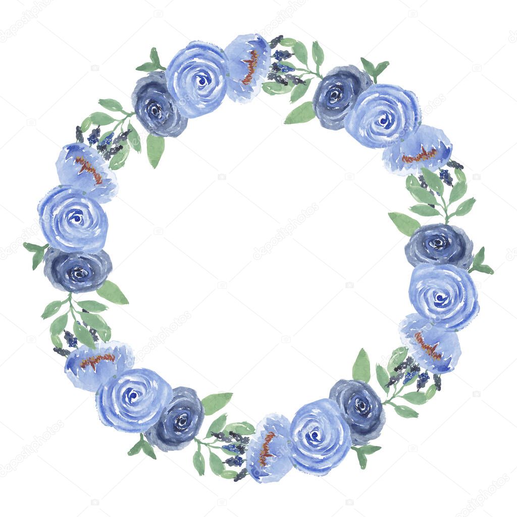 Watercolor rose floral circle frame in blue color