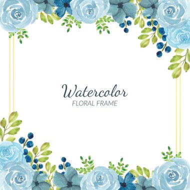 Suluboya mavi çiçekli çerçeve dekorasyonu