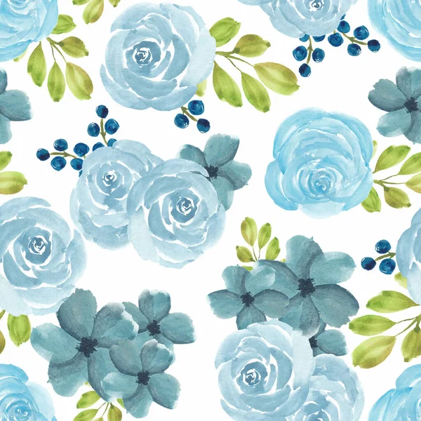 水彩ブルーのバラの花とシームレスなパターン — ストックベクタ