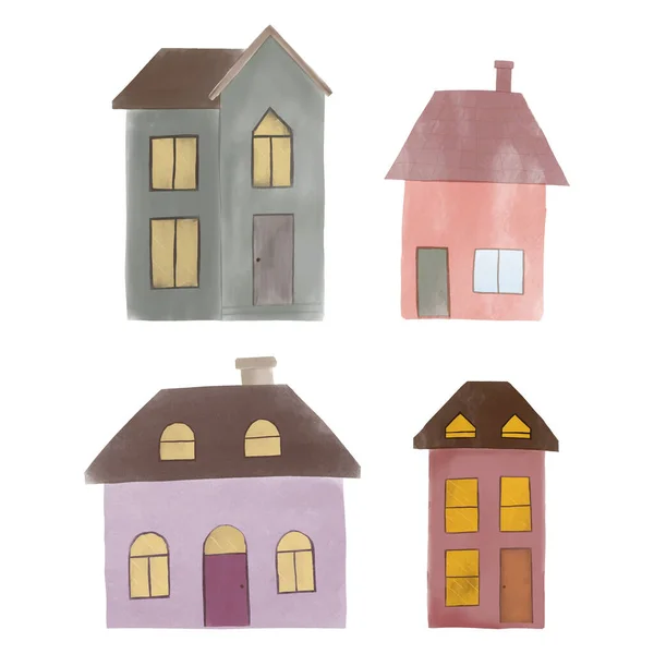 Set Van Aquarel Hand Geschilderd Schattig Huis Illustratie — Stockvector