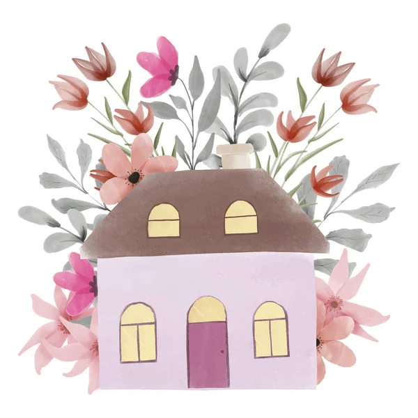 Pintado Mano Linda Casa Ilustración Acuarela Flor — Vector de stock