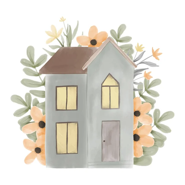 Acuarela Hogar Dulce Hogar Con Ilustración Floral — Vector de stock