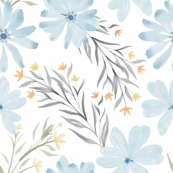 青い花弁水彩手描きの花のシームレスなパターン — ストックベクタ