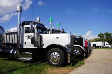 Waupun, Wisconsin ABD - 11 Ağustos 2023: Waupun 'un geleneksel kamyonet fuarına birçok farklı renkli kamyonlar geldi.