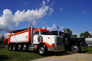 Waupun, Wisconsin ABD - 11 Ağustos 2023: Waupun 'un geleneksel kamyonet fuarına birçok farklı renkli kamyonlar geldi.