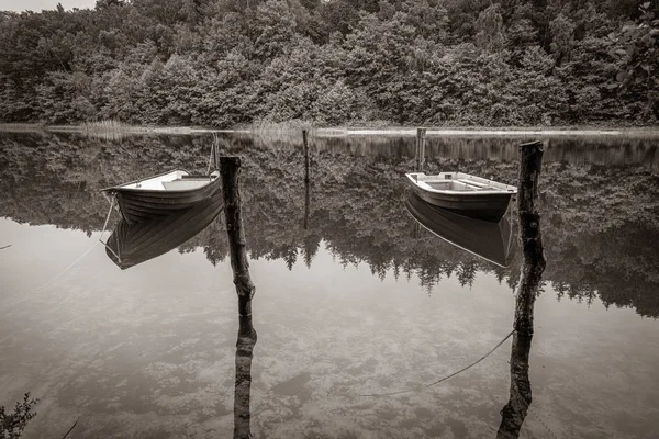 Two chained rowboats swimming on a lake — Stock Photo, Image