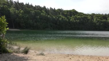 the clear water flows calmly along the shore of a lake