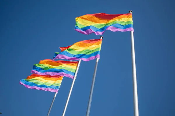 four rainbow flags as a symbol for homosexuality hang next to each other and the sky is blue