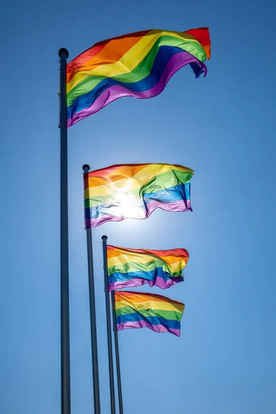 four rainbow flags as a symbol for homosexuality hang next to each other and the sky is blue