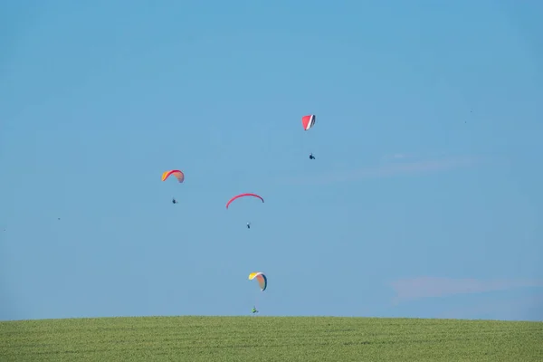 Een Groen Veld Aan Horizon Vliegen Verschillende Paragliders — Stockfoto