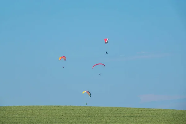 Über Einer Grünen Wiese Horizont Fliegen Verschiedene Gleitschirme — Stockfoto