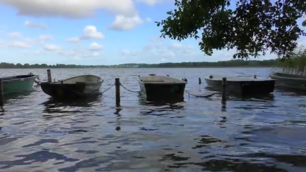 湖の岸にはボートが係留されています — ストック動画