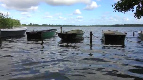 Στην Όχθη Μιας Λίμνης Κάποια Κωπηλατικά Σκάφη Αγκυροβολούν Ένα Δίπλα — Αρχείο Βίντεο