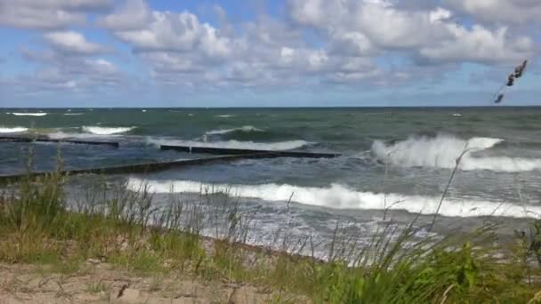 Πετρώδης Παραλία Της Βαλτικής Θάλασσας Δυνατά Κύματα Και Γαλάζιο Ουρανό — Αρχείο Βίντεο