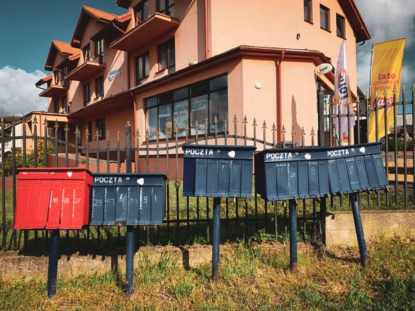 Red Blue Mailboxes Standing Street Village Poland — Stock Photo, Image