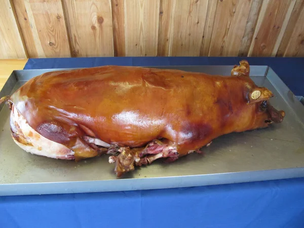 Brown Baked Sucking Pig Lies Baking Tray — Stock Photo, Image