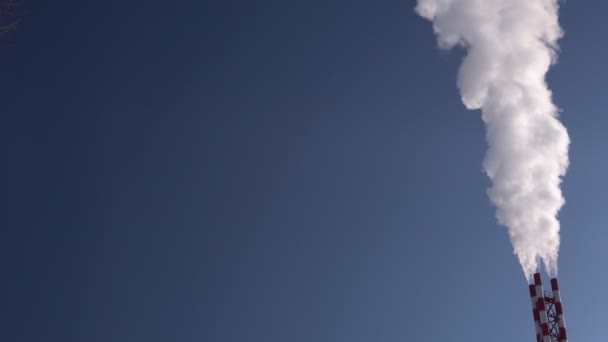 White smoke rises from the striped pipe into the blue cloudless sky. — Stock Footage White smoke rises from the striped pipe into the blue cloudless sky. Royalty Free Stock Video