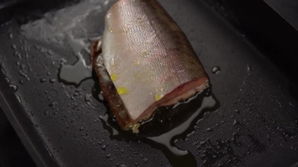 Slice of red fish fried in deep pan. — Stock Footage Slice of red fish fried in deep pan. Video Clip