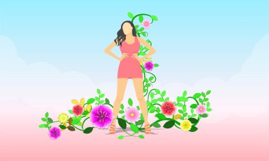 8 Mart kadın gün. Çiçekli Bayan stand çevresinde. vektör çizim eps10