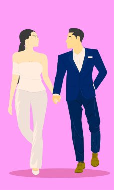 sevimli erkek ve kadın evli couple.holding el birlikte yürüyüş. vektör çizim eps10