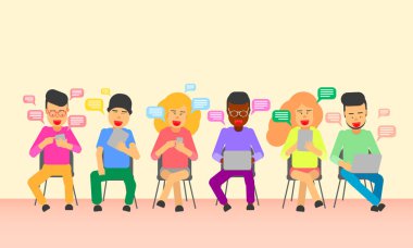 erkek ve kadın sandalye kullanım teknolojisi dizüstü smartphone üzerinde oturmak. eğilimleri internet yaşam tarzı. vektör çizim eps10