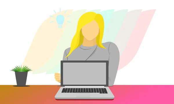 Mujer Sentarse Detrás Computadora Portátil Para Presentación Concepto Marketing Negocios — Archivo Imágenes Vectoriales