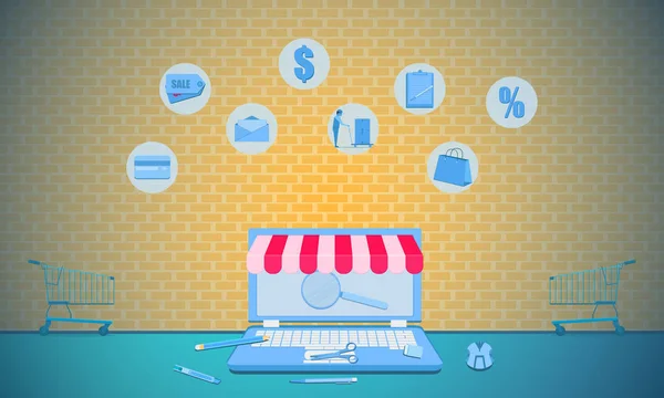Laptop Μάρκετινγκ Της Επιχειρηματικής Ιδέας Πώληση Ψώνια Online Τοίχο Τούβλου — Διανυσματικό Αρχείο