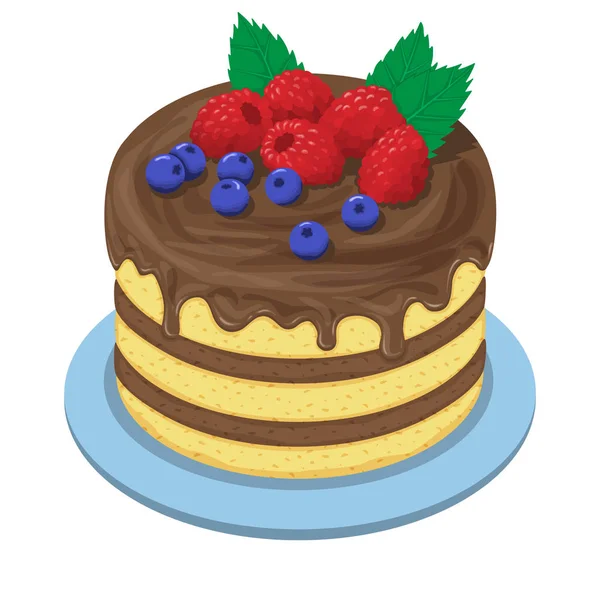 Cake Met Chocolade Fruit Bosbessen Frambozen — Stockvector