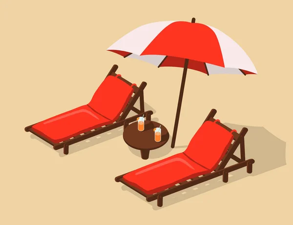 Nyugágyak Strandon Alatt Egy Esernyő — Stock Vector