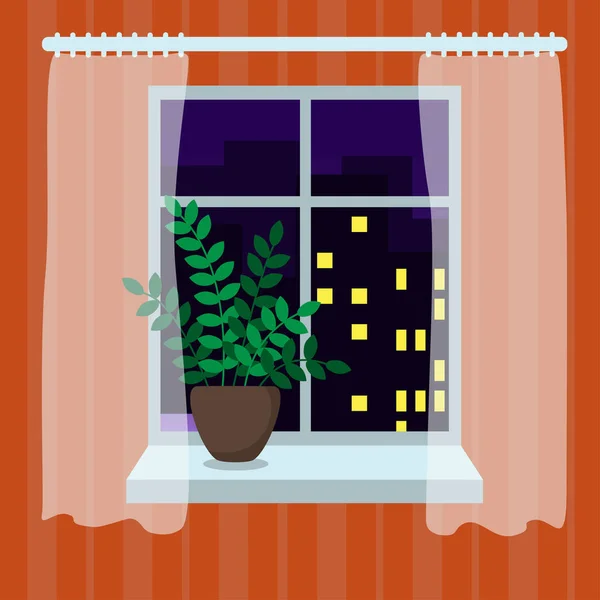 Flower Window Night City Visable Window — Stock Vector