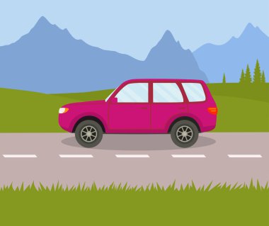 Geçmiş dağlar ve alanları yolda araba sürmek. 