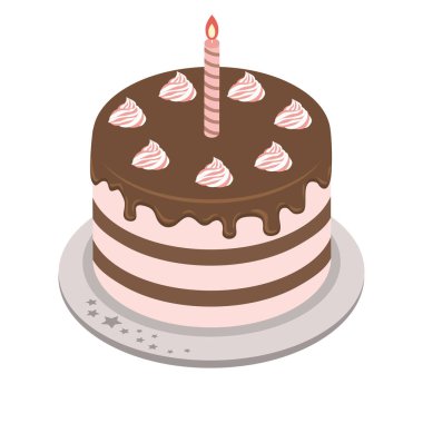 Krem ve mum ile kek. Doğum günü pastası. Vektör Illustration