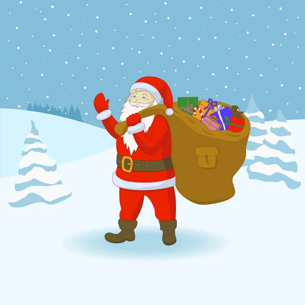 Cartão Natal Papai Noel Com Presentes Saco Inverno Neve Está — Vetor de Stock