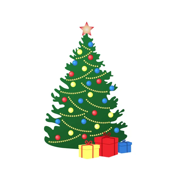 Noel kartı. Noel süslemeli Noel ağacı. Yıldız, oyuncak, top, hediye