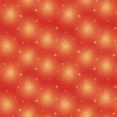Klasik Noel ağacı. Monogram. Noel kartı. Kırmızı arka planda altın bir Noel ağacı. Yıldızlar, kristaller ve ışık. Kusursuz desen. Vektör illüstrasyonu.