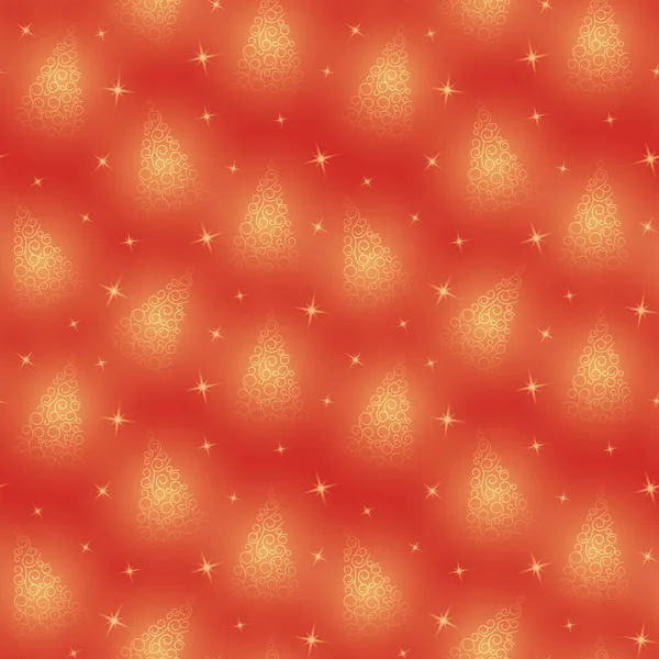 Klasik Noel ağacı. Monogram. Noel kartı. Kırmızı arka planda altın bir Noel ağacı. Yıldızlar, kristaller ve ışık. Kusursuz desen. Vektör illüstrasyonu.